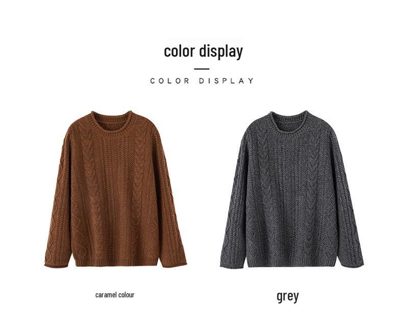 Women's Retro Cable Knit Cashmere Sweater – Round Neck, Rolled Hem, Thick, Loose, and Cozy for Autumn and Winter.