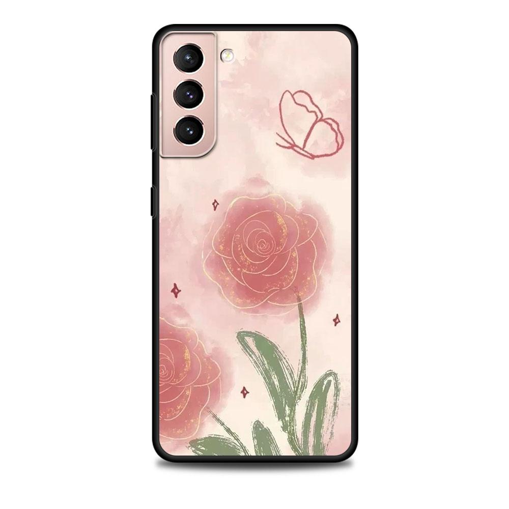 Rose Flower Painting Case for Samsung Galaxy S20 FE S22 S23 Ultra S21 S10 Lite S9 S8 Plus S7 Edge Black Soft Silicon Phone Cover