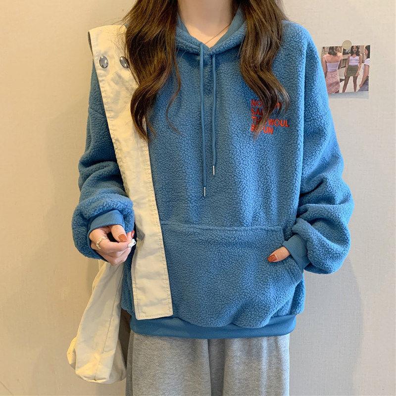 Wind real shot lamb wool hooded autumn and winter furry sweater women's fleece thickened coat