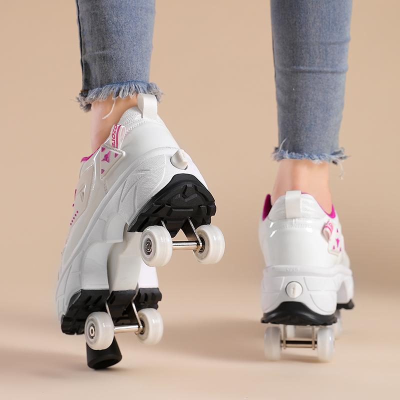 Teenagers /Boys/Girls Shapeshifting Shoes Four-wheel Dual-use Roller Skates Double Row Walking Shoes Roller Skates