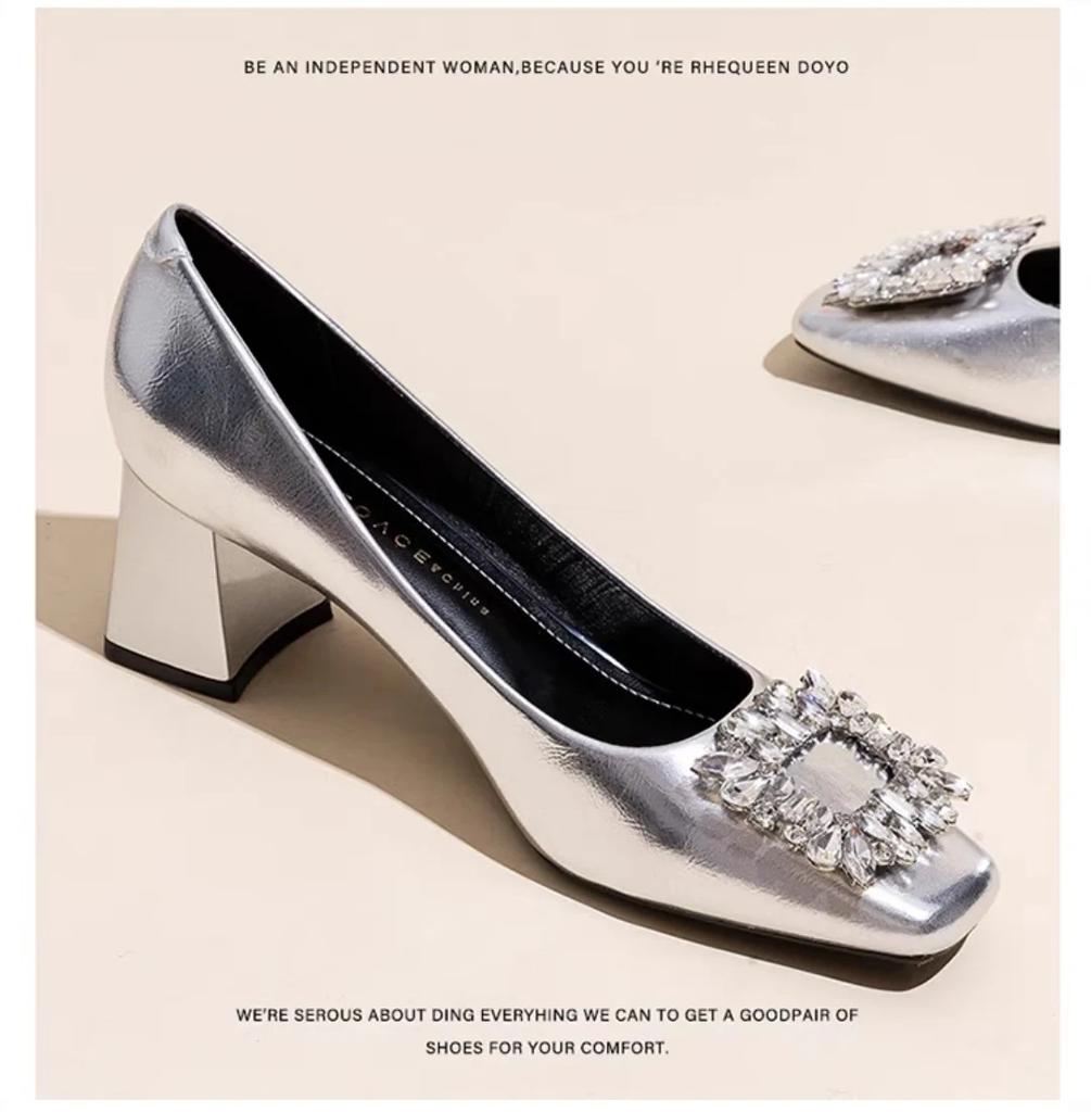 French Temperament Silver High Heels Women Soft Leather 2024 Spring and Autumn New Thick Heel Square Head Crystal Single Shoes
