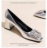 French Temperament Silver High Heels Women Soft Leather 2024 Spring and Autumn New Thick Heel Square Head Crystal Single Shoes
