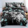Highland Cow And Rose Pattern Duvet Cover Set Breathable, Sanded Polyester Fabric With Digital Animal Print, Zipper Closure