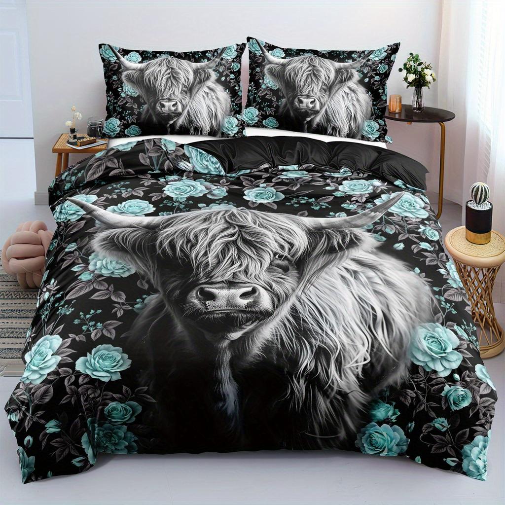 Highland Cow And Rose Pattern Duvet Cover Set Breathable, Sanded Polyester Fabric With Digital Animal Print, Zipper Closure