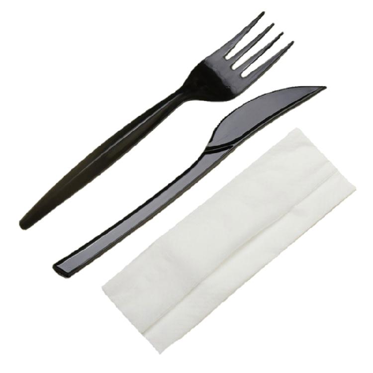 

Professional Disposable Dining Assemblies 100pcs Thick Plastic Utensils Black Elegant Plan with Napkins for Buffets Receptions