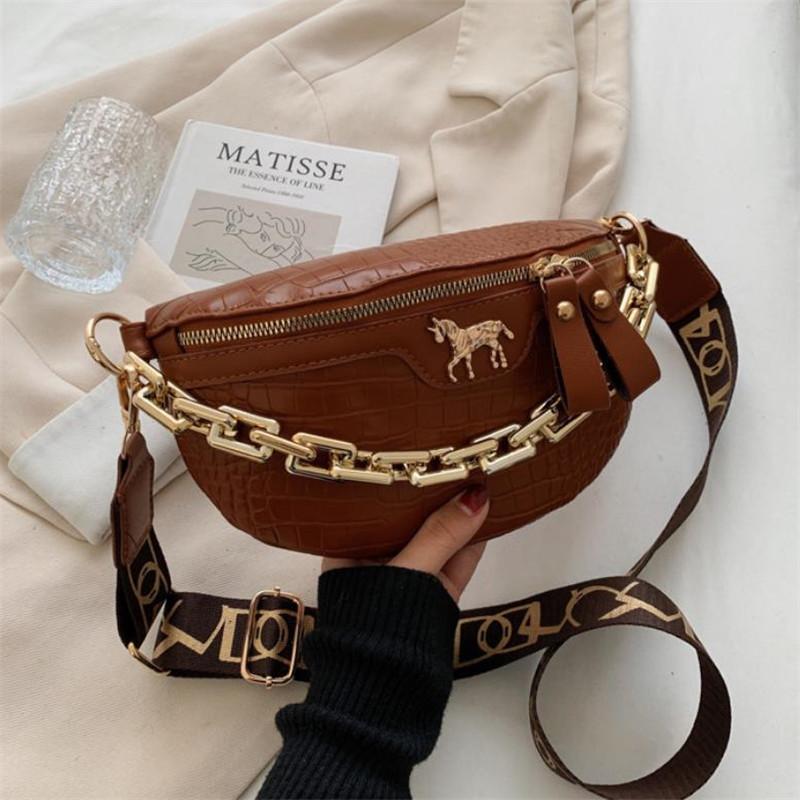 Trendy PU Chest Bag Stylish Single Shoulder Saddle Bag with Crocodile Pattern Chain Wide Belt Crossbody Bags for Women Daily Use