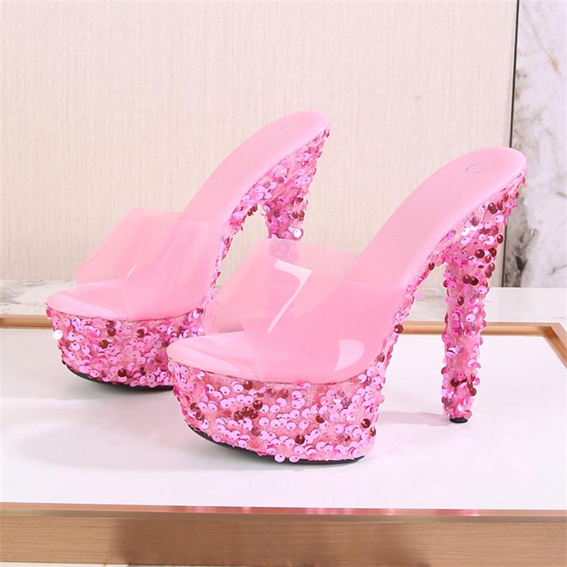 Peep Toe PVC Transparent Frauen Hausschuhe Pailletten Plattform Stiletto High Heels Weibliche Nachtclub Sexy Schuhe