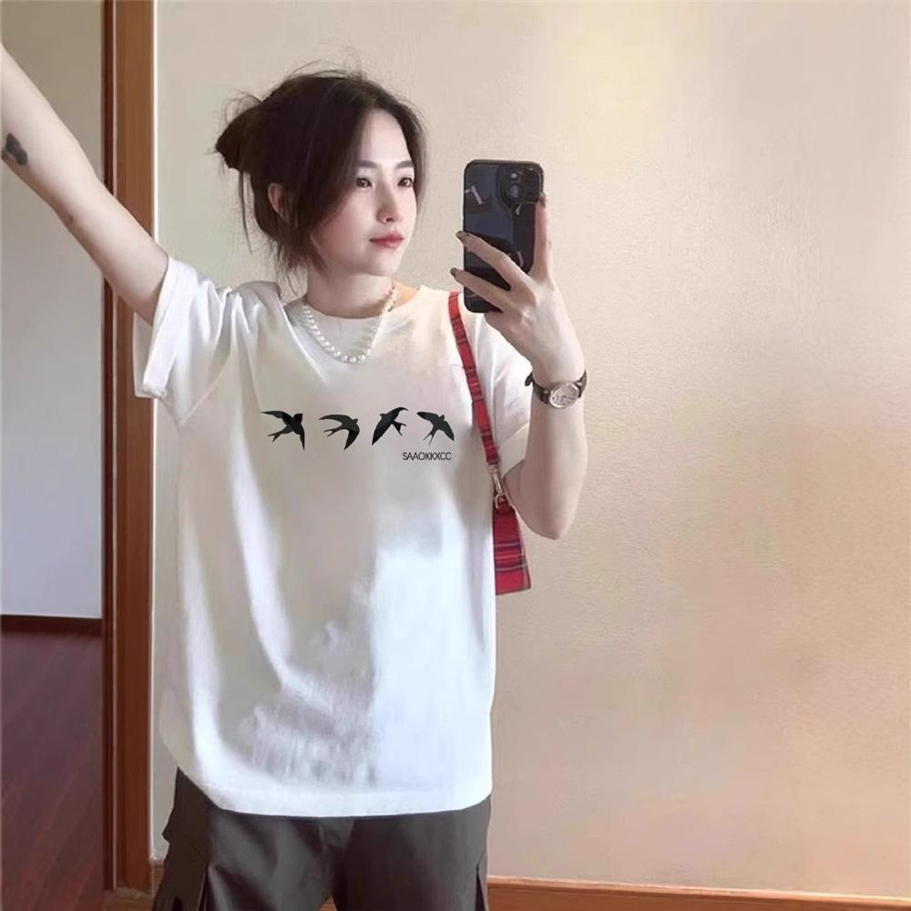 Large Size Summer Pure Cotton White Short-sleeved T-shirt Women's New American Front Shoulder Niche Design Half-sleeved Top