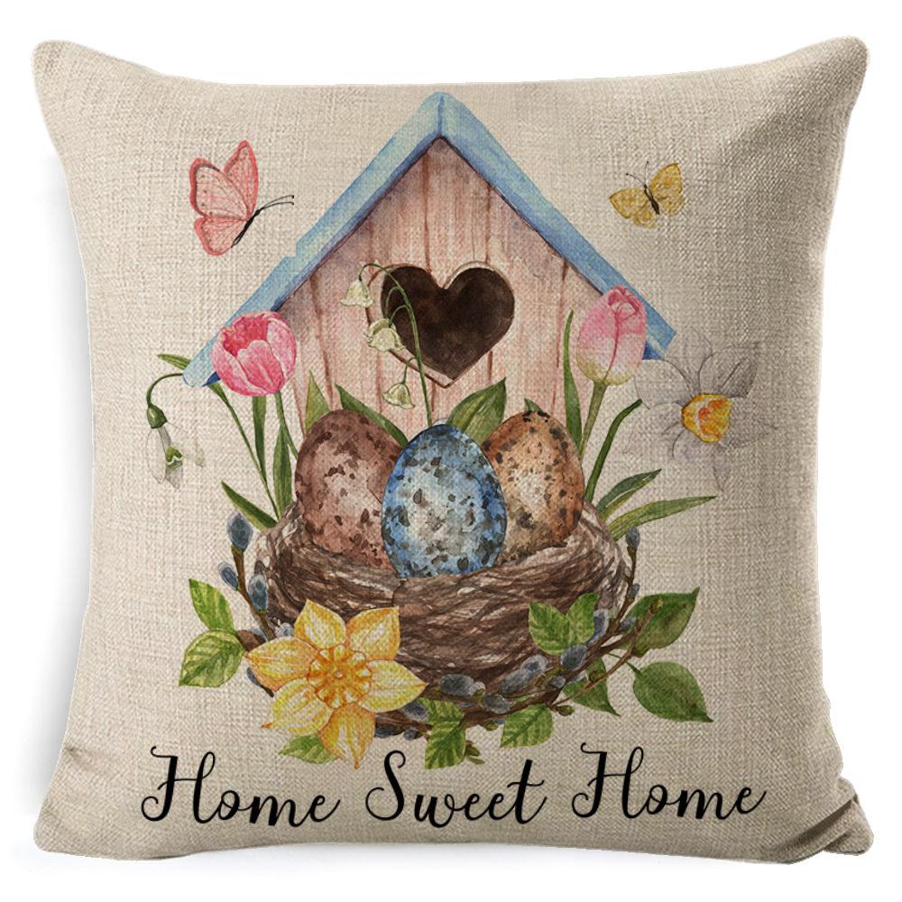 Cartoon Easter Pillow Cover Linen Watercolor Bunny Egg Home Sofa Cushion Cover