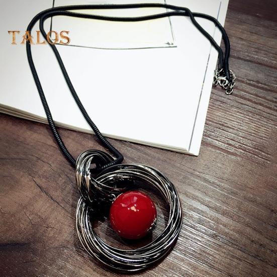 Women Sweater Chain Single-layer Alloy Red Bead Geometric Pendant Clothes Jewelry Dating Prom Party Garment Decoration Necklace