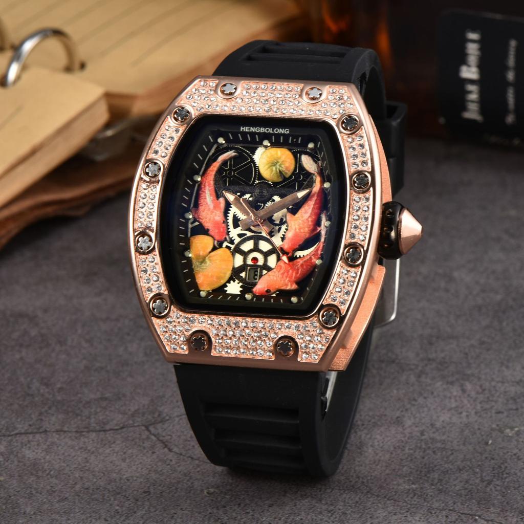 2025 Hengbolong Diamond Quartz Watch Men's Fashion Koi Pattern Strap Calendar Silicone Watch Strap
