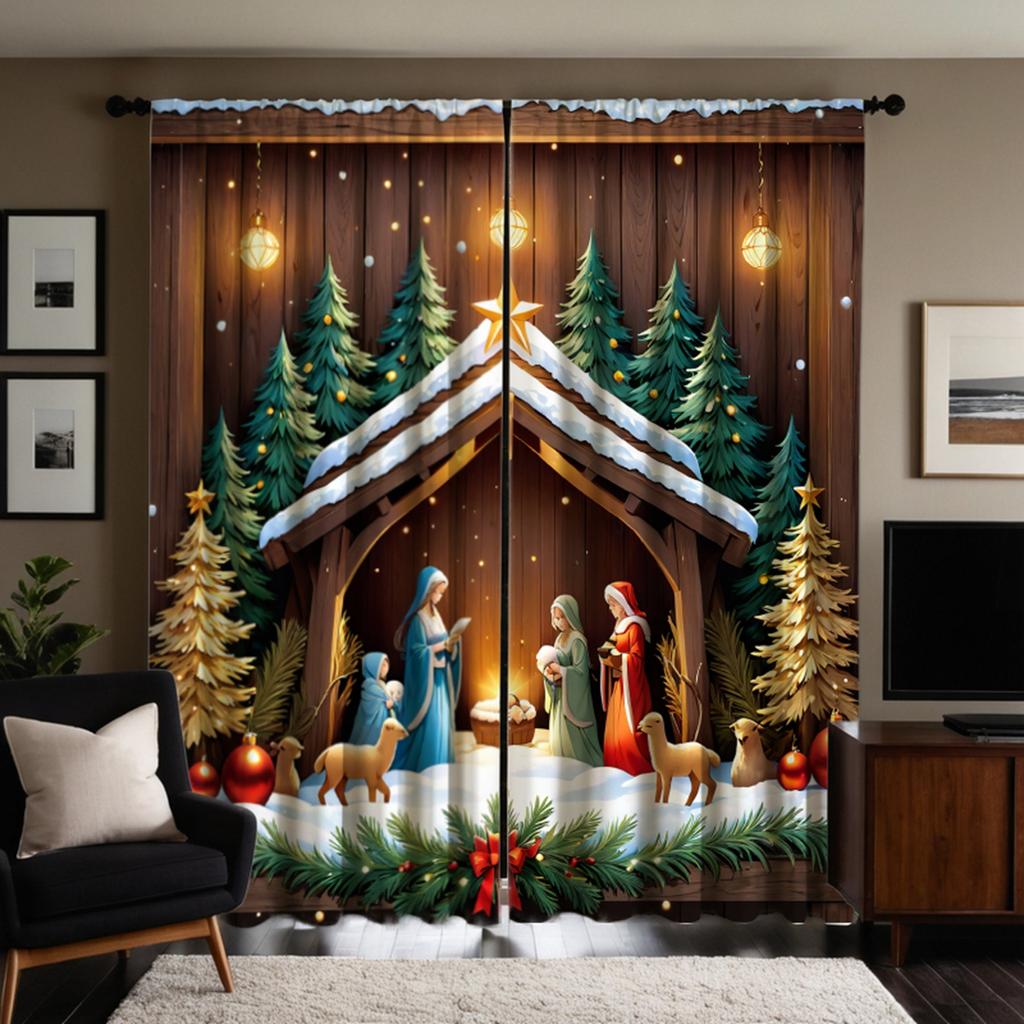 2 Pieces of HD Digital Yellow Curtains Tied Under the Christmas Tree Home Decoration Style Decoration Living Room Bedroom Wear R