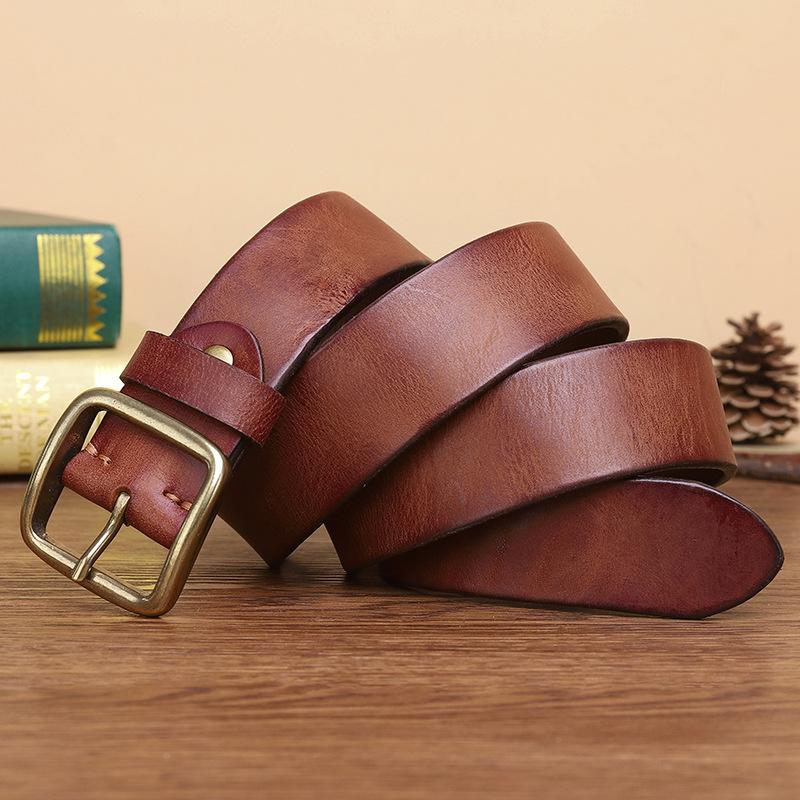 Retro-style Trendy Men's Leather Belt with Pin Buckle, Pure Cowhide, Simple and Versatile, Perfect for Jeans