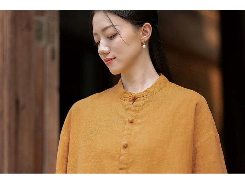 Women's Short-Sleeve Retro Frog Button Linen-Cotton Zen Top