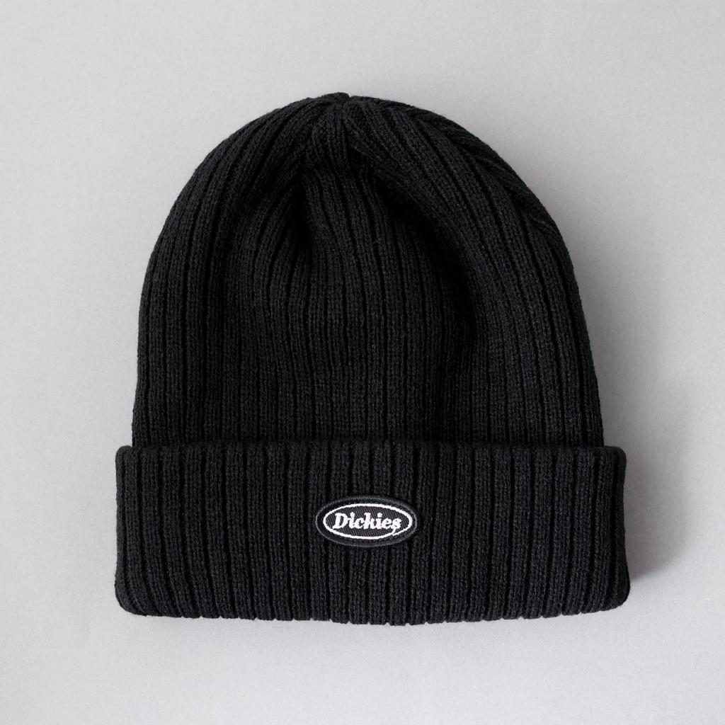 Dickies CALIF Ribbed Knit Cap with Logo Patch, Unisex Acrylic Beanie, Solid Color, Black Patch, for Snowboarding, Men's and Women's