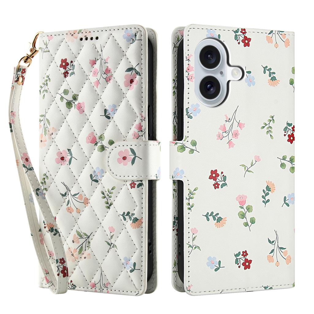 For iPhone 17 Wallet Case Rhombic Floral Design Leather Flip Phone Cover with Strap