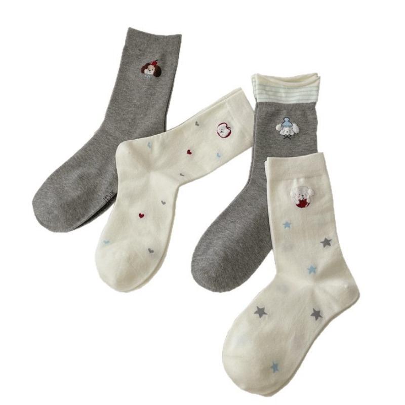 Cute Female Cartoon Plush Puppy Cotton Socks, Breathable and Comfortable Mid-calf Socks, Grey School-style Long Socks