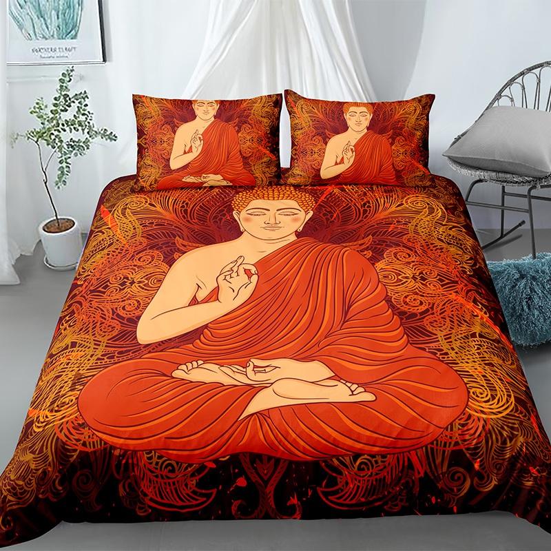 King Size Buddha Duvet Cover Set Exotic Ethnic Bohemian Bedding Golden Buddha Print Microfiber Quilt Cover