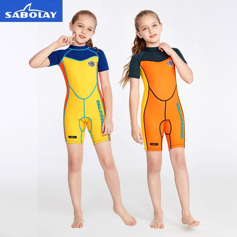 SABOLAY Fato de Mergulho Infantil 2MM para Meninas Peça Única Térmico Roupa de Banho Protetor Solar Surf Snorkel Água-viva