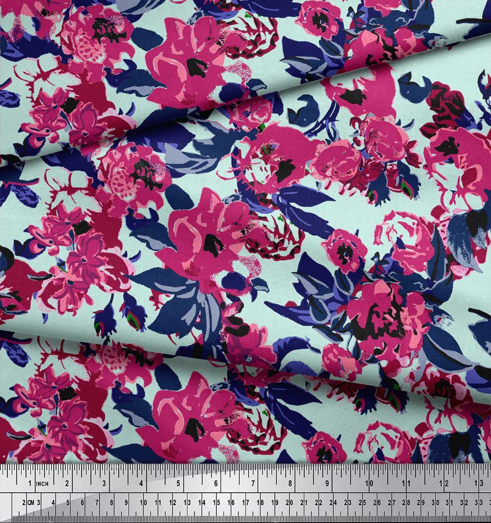 Soimoi Blue Poly Crepe Fabric Artistic Leaf & Floral Fabric Prints By Metre 42 Inch