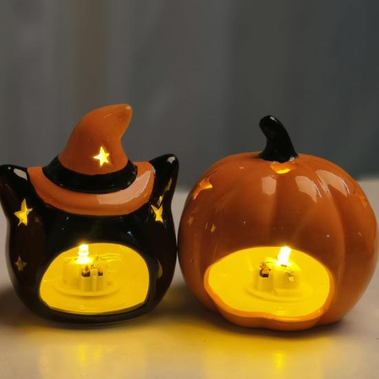 Halloween Ceramic Cat Pumpkin Figurine Carved Cat Pumpkin Tabletop Tealight Candle Holder for Indoor Home Party Decor