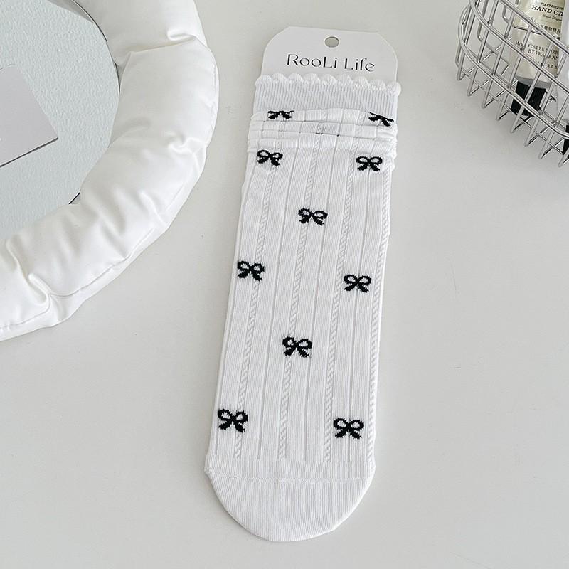 White Socks Pure Cotton Stacking Socks Lace Bow Cute Girl Spring And Autumn Thin Cotton Medium Tube Socks Women