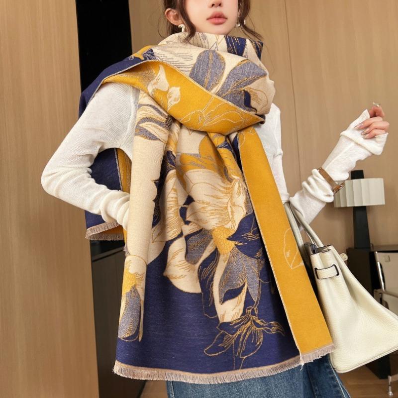 Autumn and winter magnolia floral imitation cashmere scarf thickened shawl fresh and sweet versatile cold-proof warm scarf