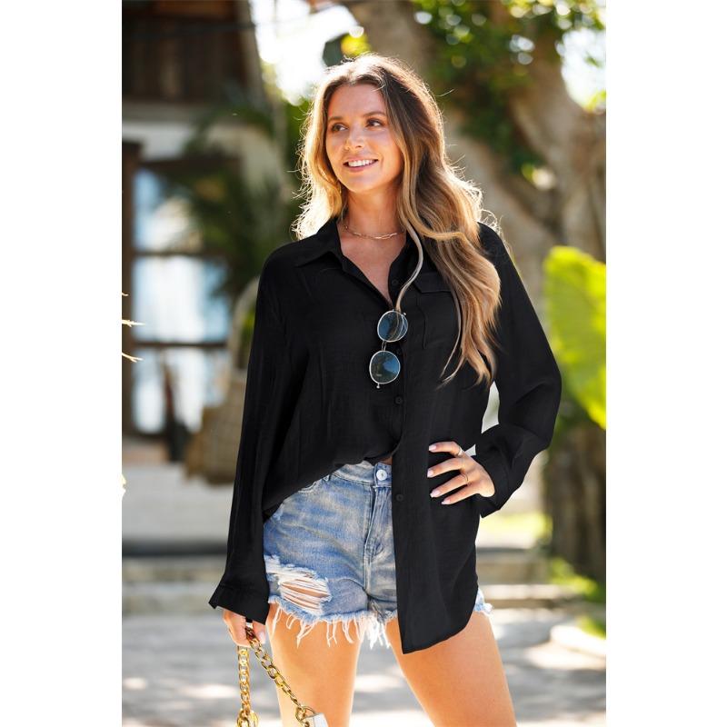 

Summer cover-up swimsuit woven crinkle cloth button-down shirt long bikini top cover-up onesize чорний