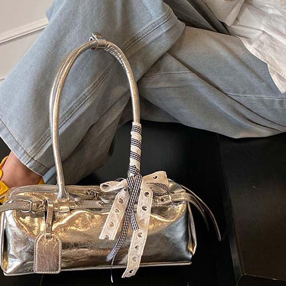 Bow Ribbon Silver PU Shoulder Bag High Quality Cylinder Underarm Bags French Stick Handbag School