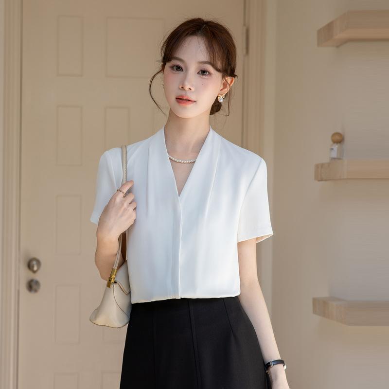 

Casual V-neck Short-sleeved Solid Stretch Blouse T-shirt XXL белый