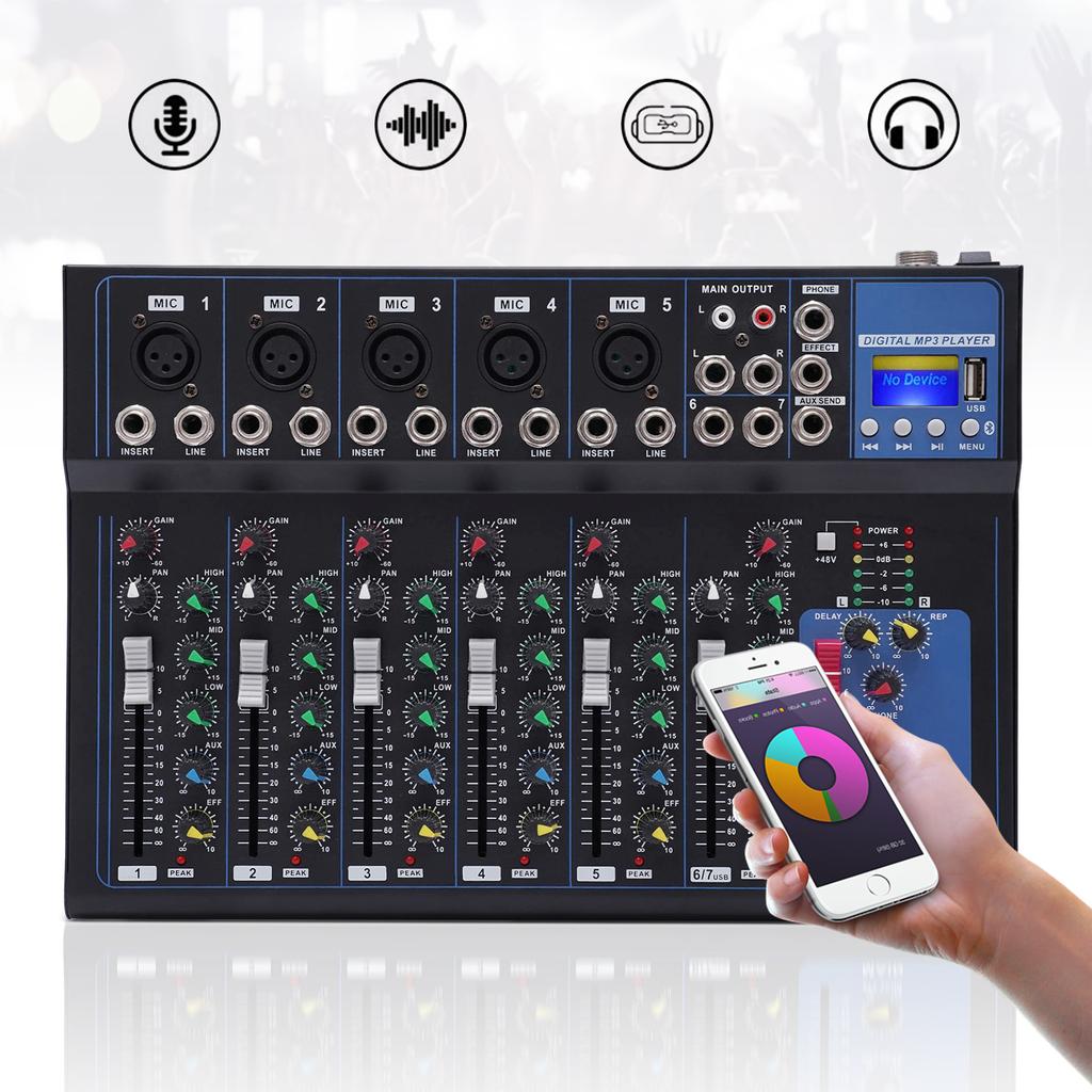 7 Channel Bluetooth Mixer Audio,Professional Portable Digital DJ Mixer w/USB Audio Interface-Mixing Boards For Studio