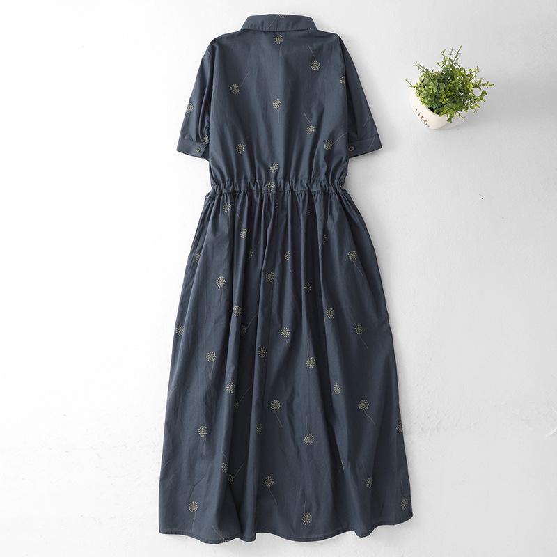 2026 Summer Women's High-End Chinese Style Cotton Linen Shirt Dress - Waist-Cinched, Slimming, Mid-Length Skirt