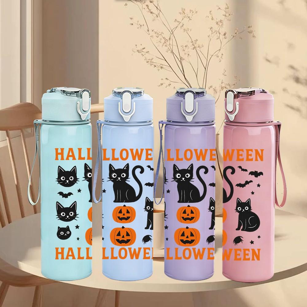 1PC Halloween Black Cat Pumpkin Art 750ml Color Plastic Sports Water Bottle Leakproof Flip Straw Lid Suitable for Sports Office Home Use
