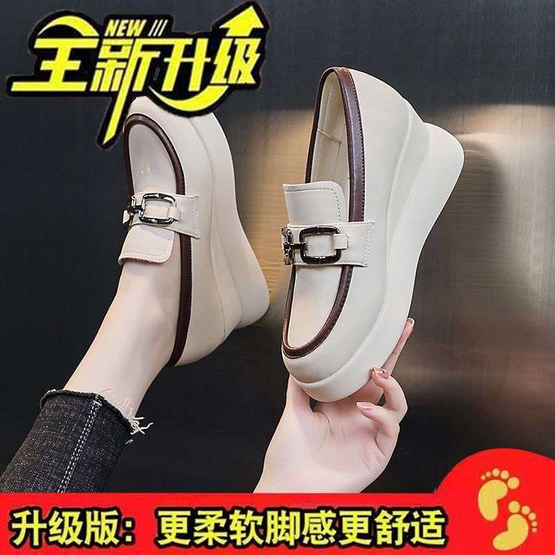 Slope Heel Single Shoes Women's Autumn 2025 New Thick-soled Round Head Soft-soled Women's Shoes One Pedal Fashionable Women's Small Leather Shoes
