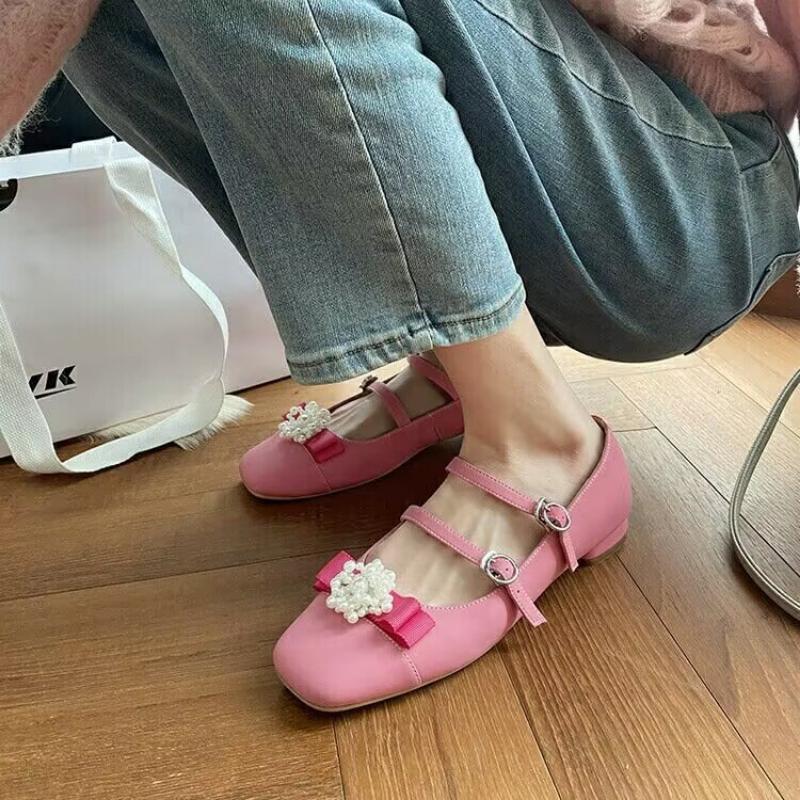 Fashion Autumn New Square Head Mary Jane Shoes for Women Fashion Shallow Cut Casual Women's Shoes Bowknot Flower Flat Sole Single Shoes