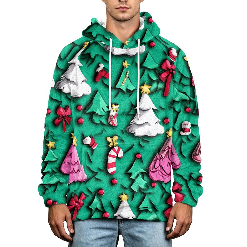 Men's Christmas Print Flannel Hoodie Hooded Casual Pullover Sweatshirt for Fall Winter