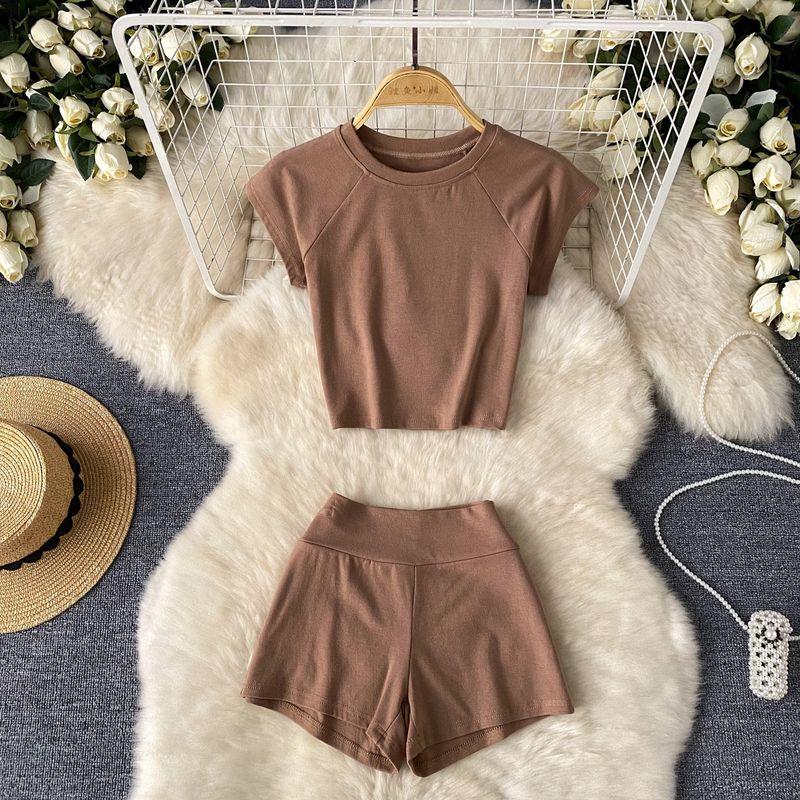 Minimalist Style Athleisure Pure Color Pure Desire Sexy Suit Women's Summer O-neck Short T-shirt + High Waist Figure Flattering Shorts
