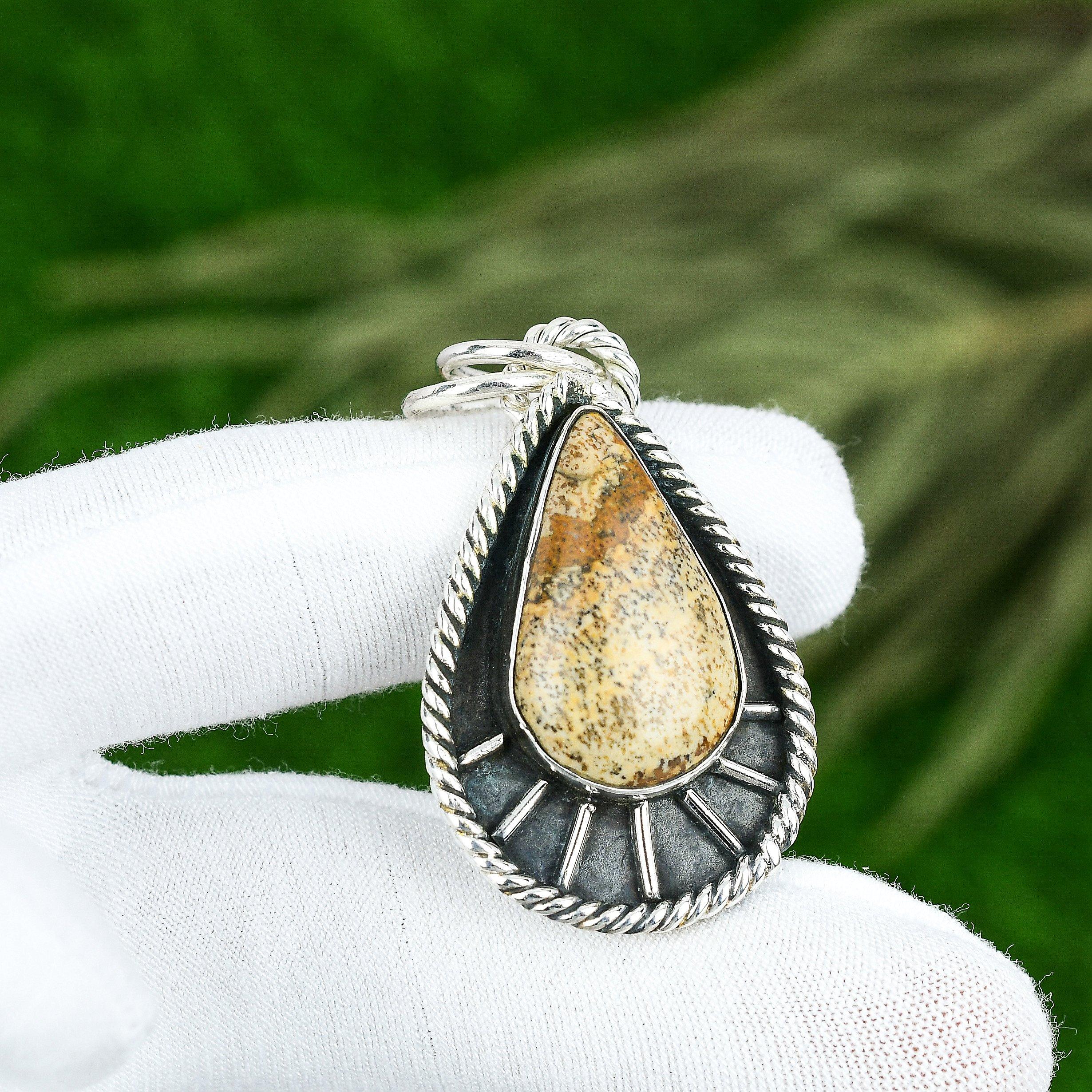 Friendship Day Sale 925 Silver Pear Natural Picture Jasper Bezel Wife Pendant