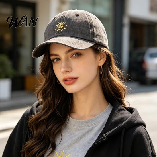 Breathable Baseball Hat Embroidery Sun Pattern Hat, Adjustable Back Buckle Retro Distressed Style Cap, Washed Cotton Fabric Outdoor Sunshade Cap Soft