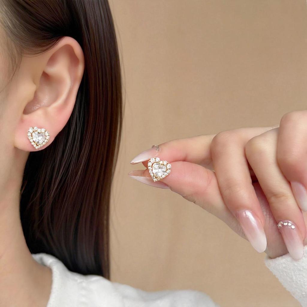 Heart Zircon Stud Earrings - Fashionable, Versatile, Romantic INS Style