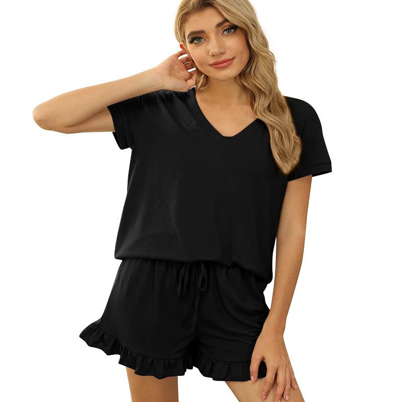 Sommer Damen Pyjama Home Zweiteilige Casual Kordelzug Shorts Kurzarm Pyjamas XL schwarz