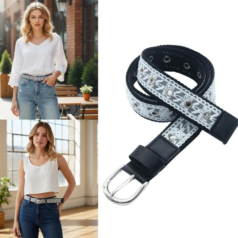 Comfortable Women Belt PU Leather Lace Trim Flower Waistband Adjustable Length Waist Strap for Teens Girl Everyday Use