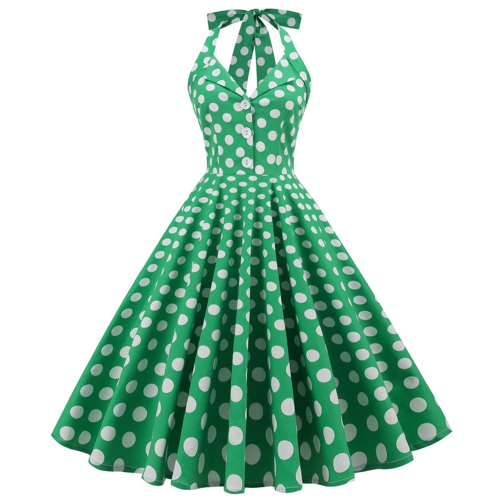 Women's sexy mid-length flared dress with a lapel collar, open front, checked pattern, halter neck and open back