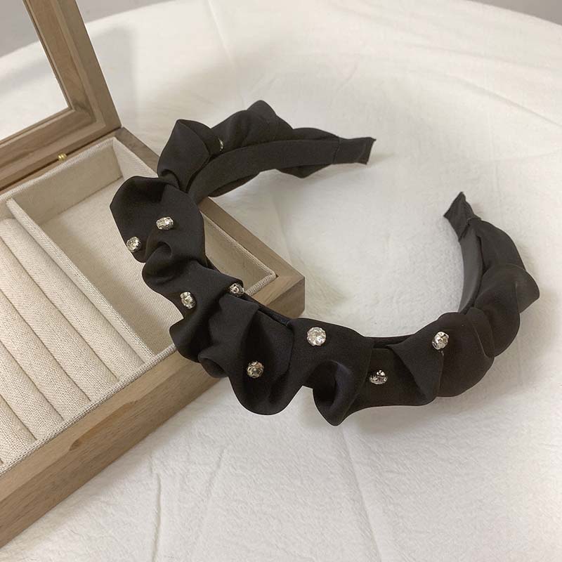 Koreanischer Schlichter Schwarzer Plissierter Haarreifen Stirnband für Damen Glänzender Strass Breites Haarband Kopfschmuck Haarschmuck