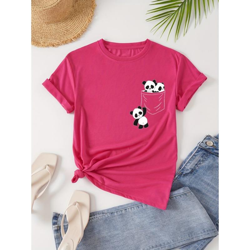 Panda printed round neck T-shirt, casual short sleeved women's clothing for spring and summer