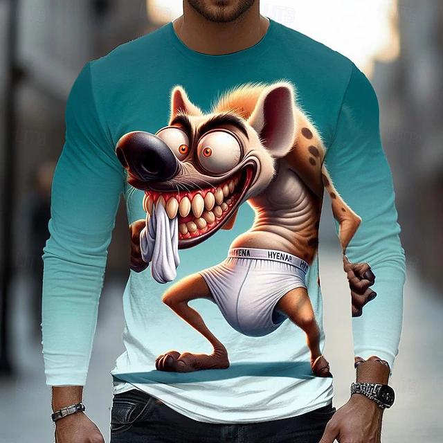 Spring and Autumn Round Neck 3D Cartoon Hyena Graphic Printed Top Fashionable Casual Long Sleeved Men's T-shirts