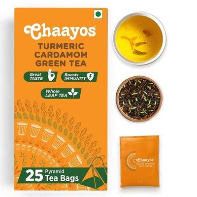 Chaayos Bolsitas de té verde - Cúrcuma y cardamomo (25 bolsitas de té piramidales) | Té verde con sabor a cúrcuma y cardamomo | Té verde | Hojas de té verde