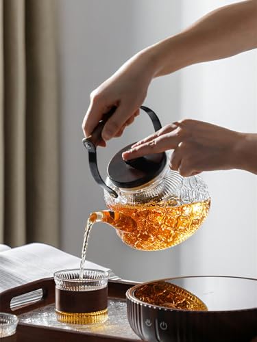 IwaiLoft "Betia Flower" Heat-Resistant Glass Teapot with Strainer, 1000ml, Handmade with Wooden Handle, Jumping Design, Perfect for Fruit Tea, Flower