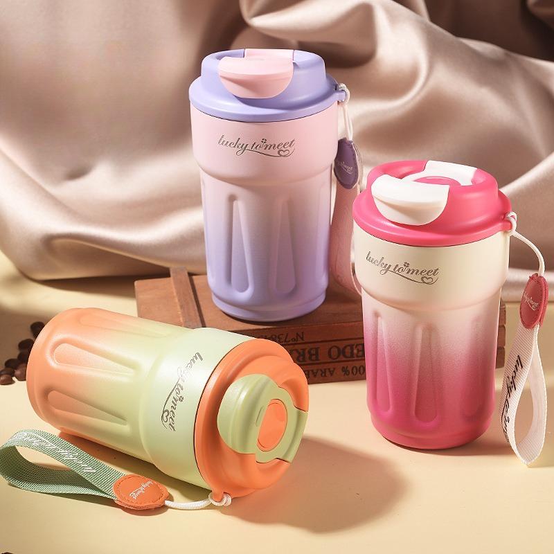 420ml Gradient 316 Stainless Steel Coffee Tumbler, Flip Lid Insulated Travel Mug with Carry Lanyard for Car Office Commute