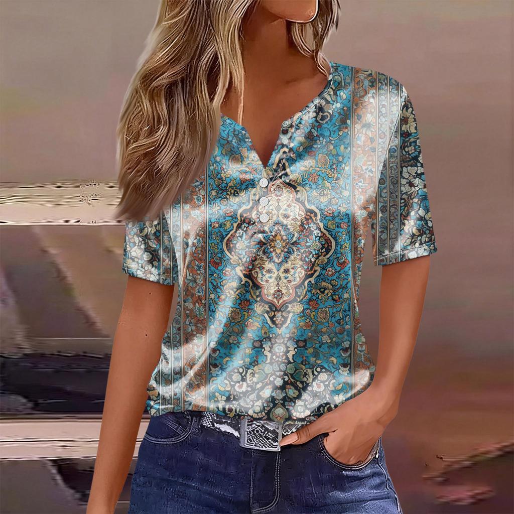 Women's Fashion Casual Retro Print  Collar Short Sleeve Button T-Shirt Top